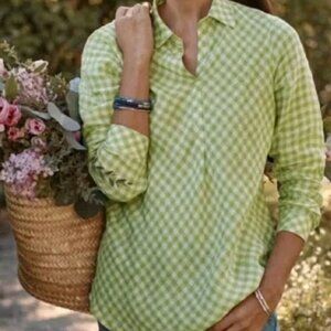J. JILL Love Linen Gingham Check Popover Blouse Green White Size Medium